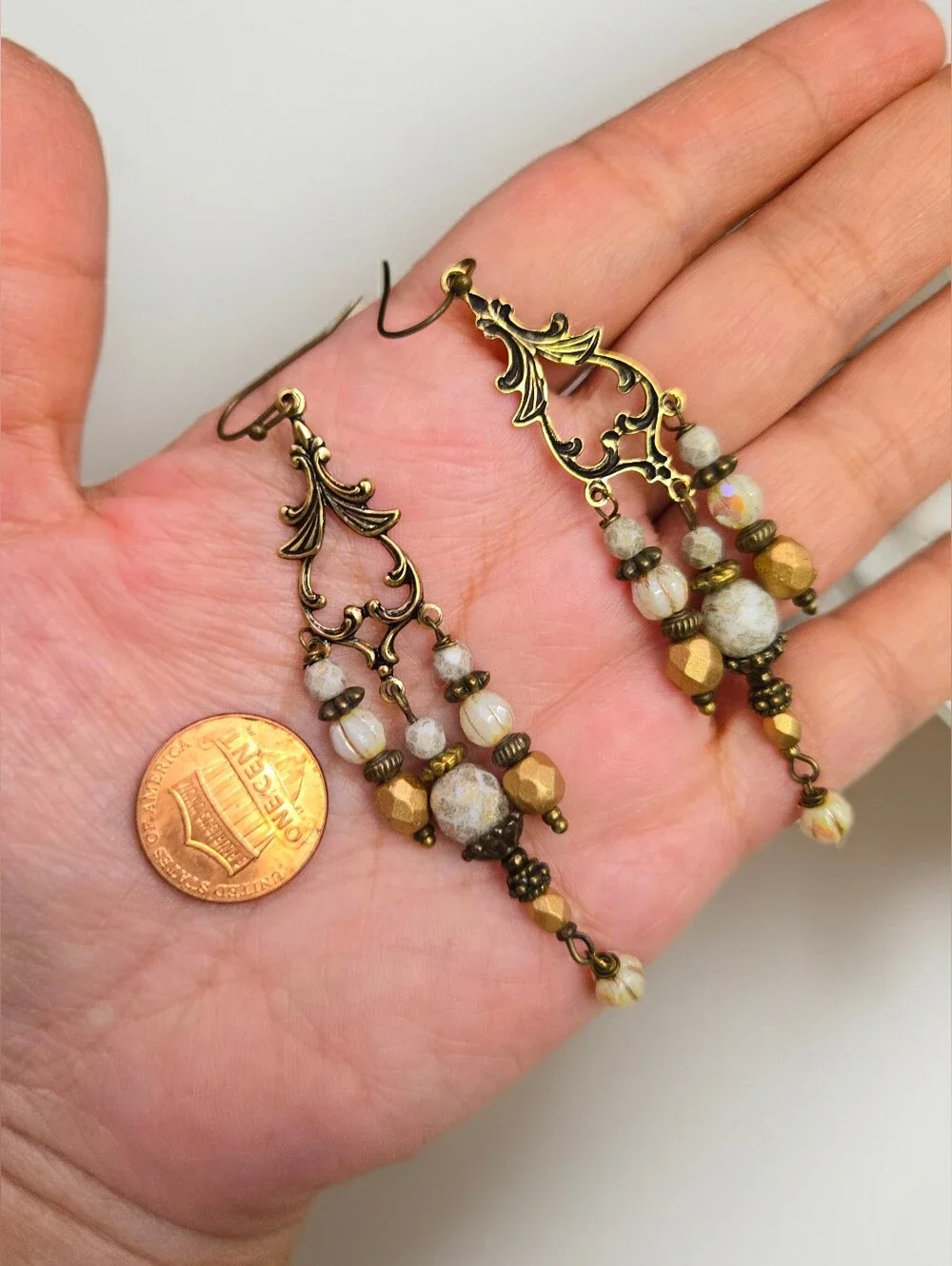 Victorian Rustic White & Etched Gold Glass In Feminine Antique Bronze Earrings